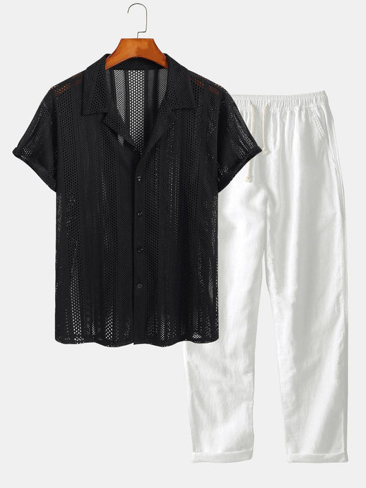 Mesh Textured Shirt & Straight Leg Linen Pants