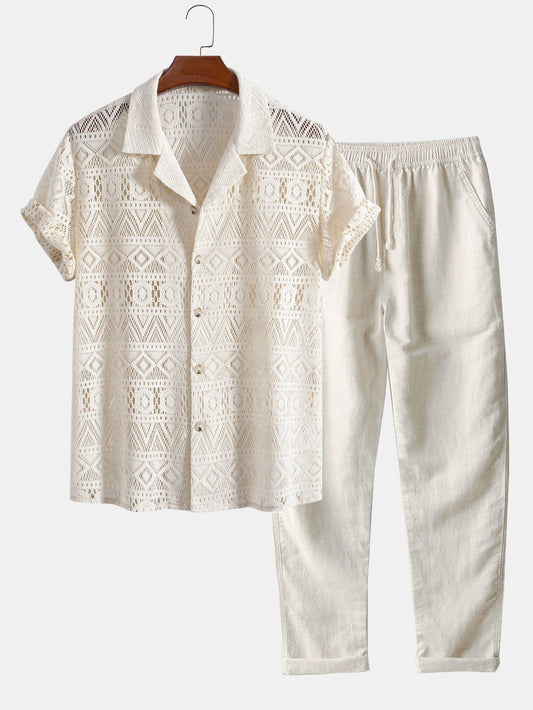 Short Sleeve Geometry Textured Cuban Shirt & Straight Leg Linen Pants