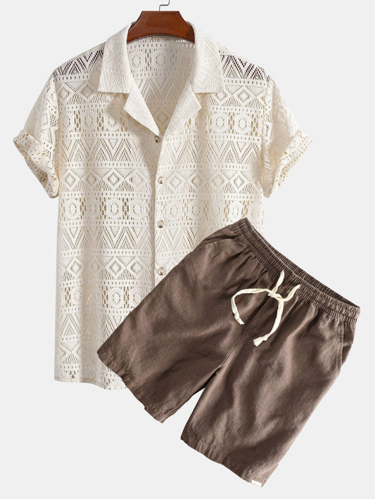 Short Sleeve Geometry Textured Cuban Shirt & Linen Cotton Blend Shorts