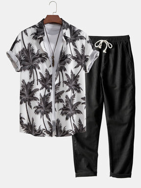 Palm Tree Print Button Up Shirt & Straight Leg Linen Pants