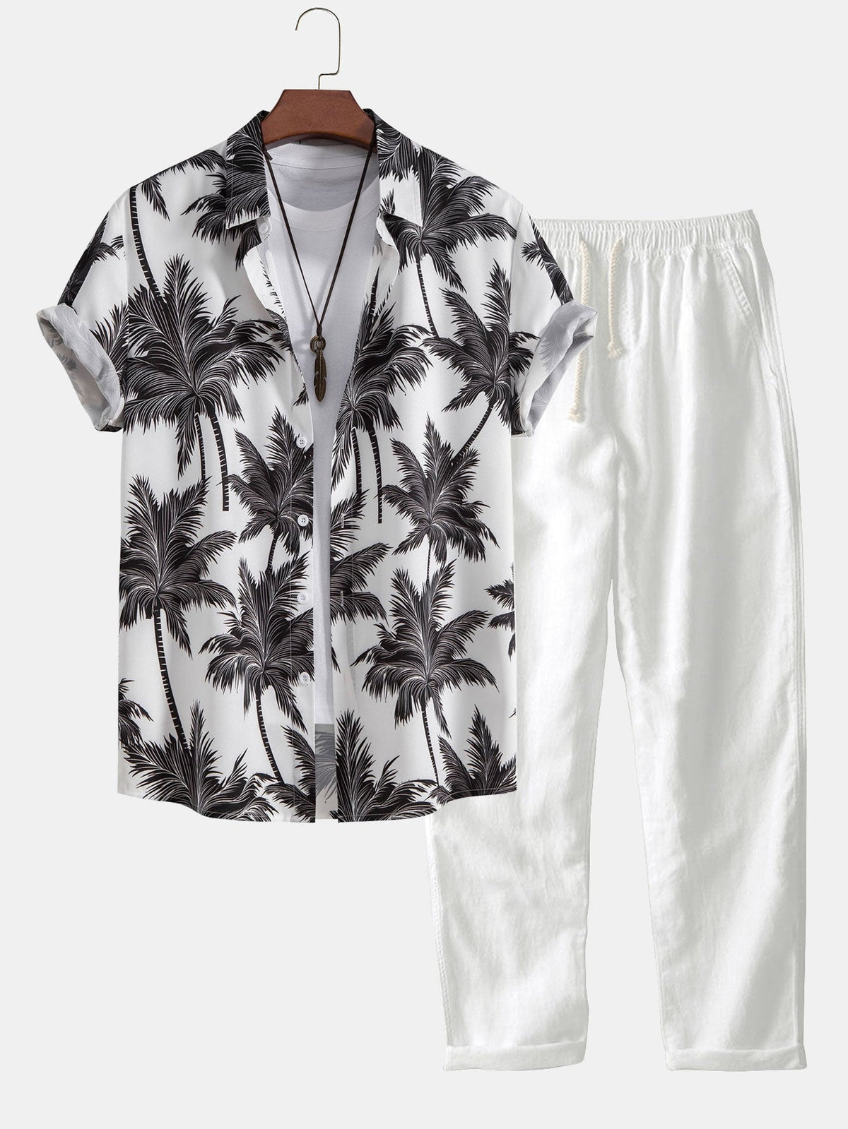 Palm Tree Print Button Up Shirt & Straight Leg Linen Pants