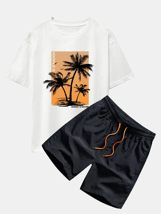 Palm Tree Sky Background Print Oversize T-Shirt & Swim Shorts