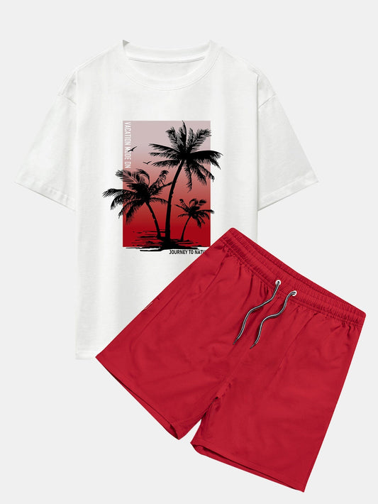 Palm Tree Red Background Print Oversize T-Shirt & Swim Shorts