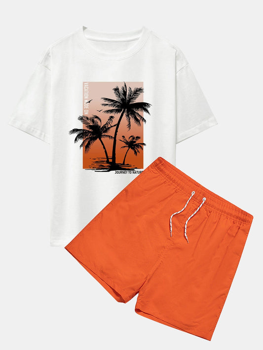 Palm Tree Orange Background Print Oversize T-Shirt & Swim Shorts