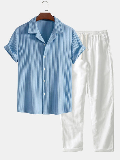 Striped Jacquard Cuban Collar Shirt & Straight Leg Linen Pants