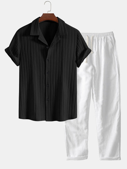 Striped Jacquard Cuban Collar Shirt & Straight Leg Linen Pants