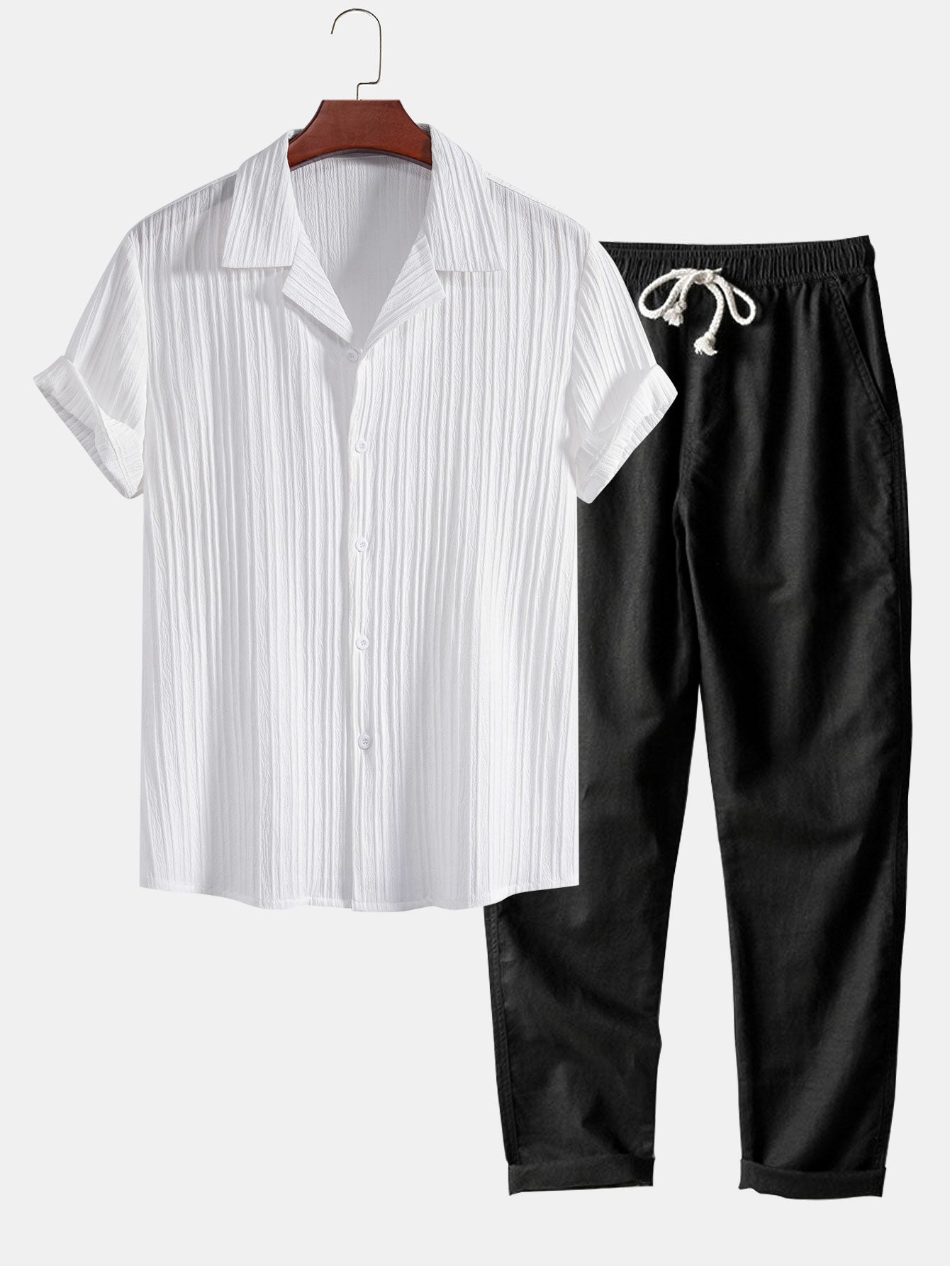 Striped Jacquard Cuban Collar Shirt & Straight Leg Linen Pants