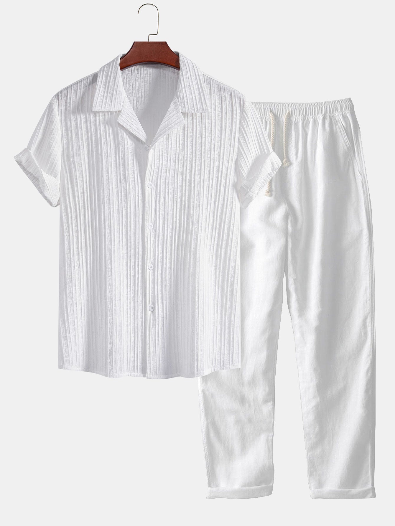 Striped Jacquard Cuban Collar Shirt & Straight Leg Linen Pants