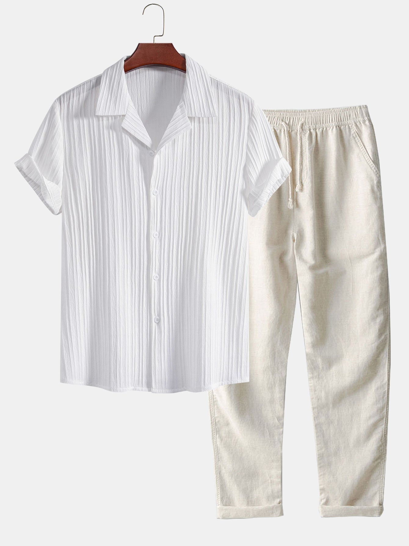 Striped Jacquard Cuban Collar Shirt & Straight Leg Linen Pants