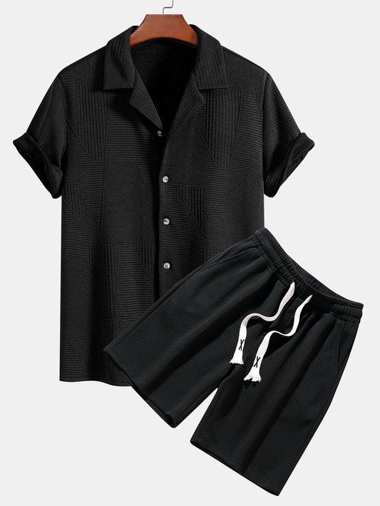 Short Sleeve Geometry Textured Cuban Shirt & Shorts