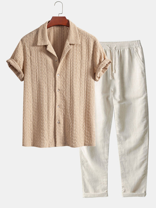 Geometric Jacquard Textured Cuban Shirt & Straight Leg Linen Pants