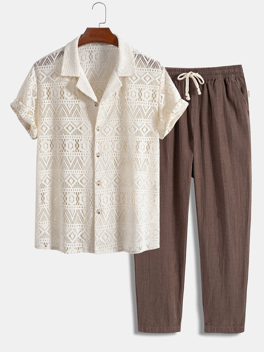 Short Sleeve Geometry Textured Cuban Shirt & Linen Cotton Blend Cropped Pants