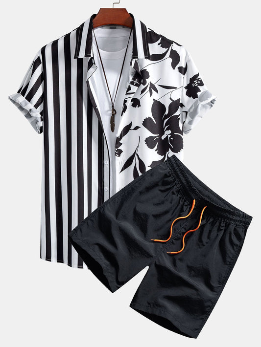 Floral Stripe Patchwork Print Button Up Shirt & Swim Shorts