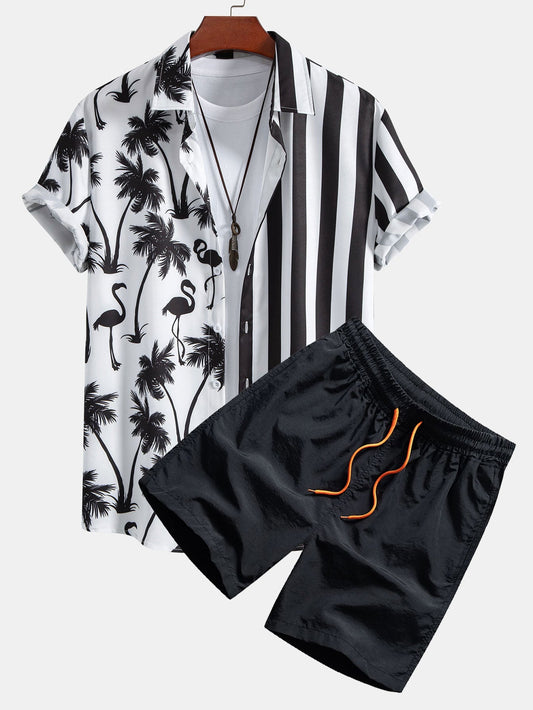 Palm Tree Flamingo Stripe Patchwork Print Button Up Shirt & Swim Shorts