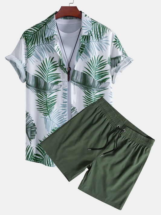 Leaf Print Button Up Shirt & Swim Short