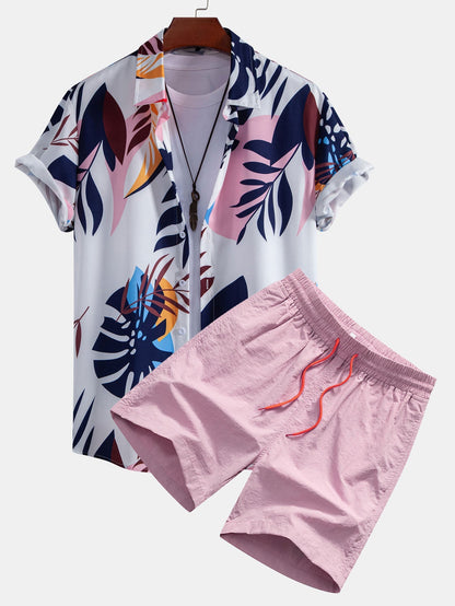 Leaf Color Block Print Button Up Shirt & Swim Short