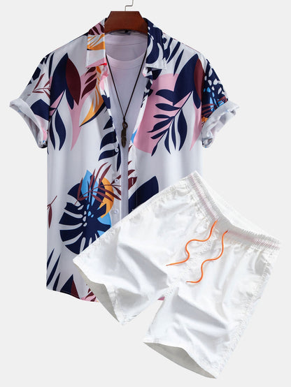 Leaf Color Block Print Button Up Shirt & Swim Short