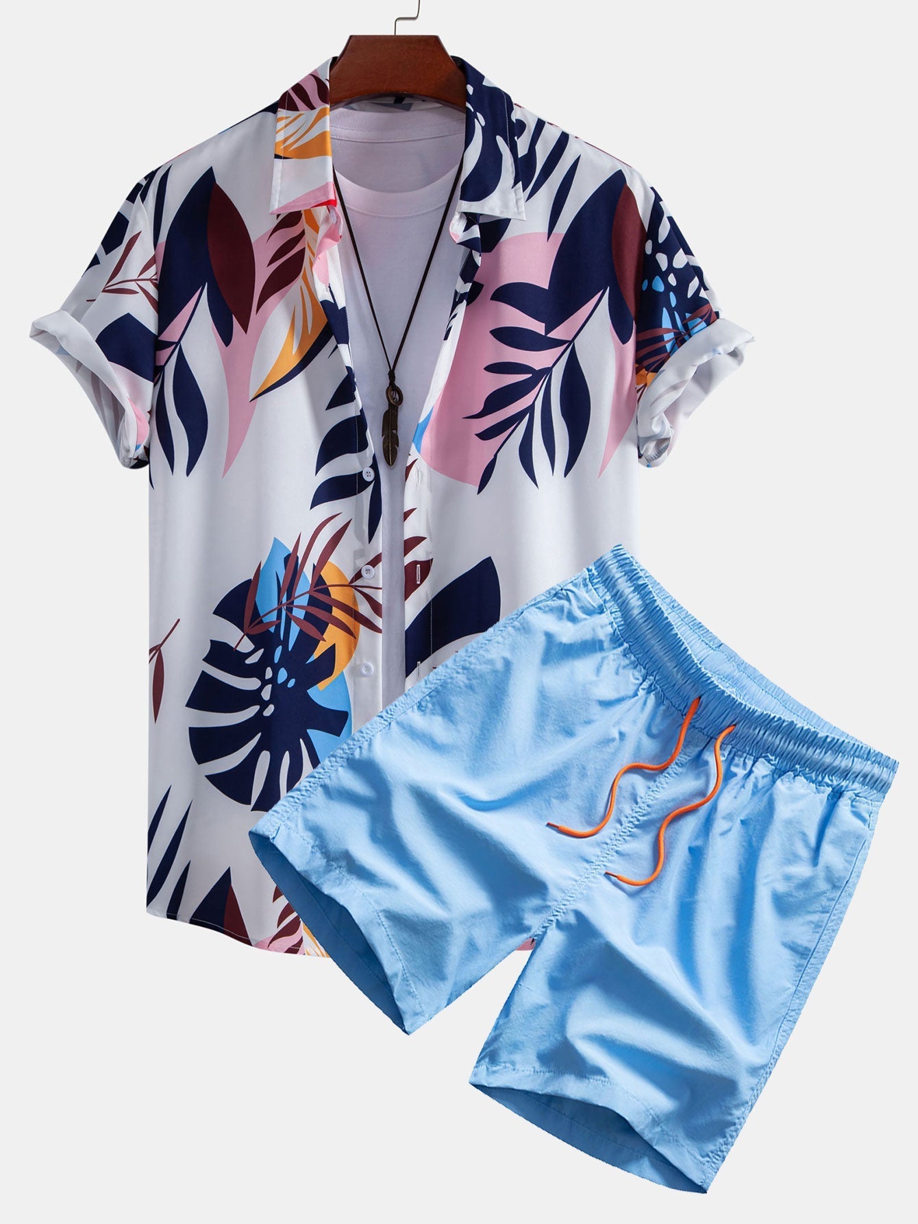 Leaf Color Block Print Button Up Shirt & Swim Short