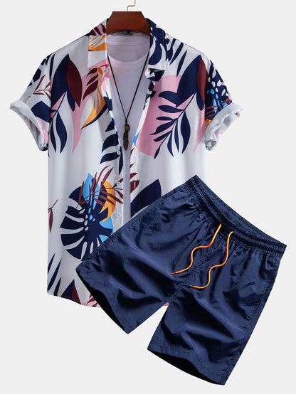 Leaf Color Block Print Button Up Shirt & Swim Short