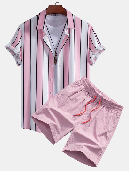 Stripe Print Button Up Shirt & Swim Short