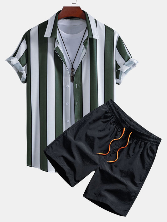 Stripe Print Button Up Shirt & Swim Short