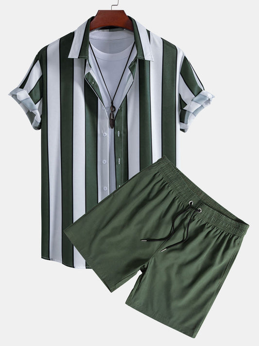 Stripe Print Button Up Shirt & Swim Short