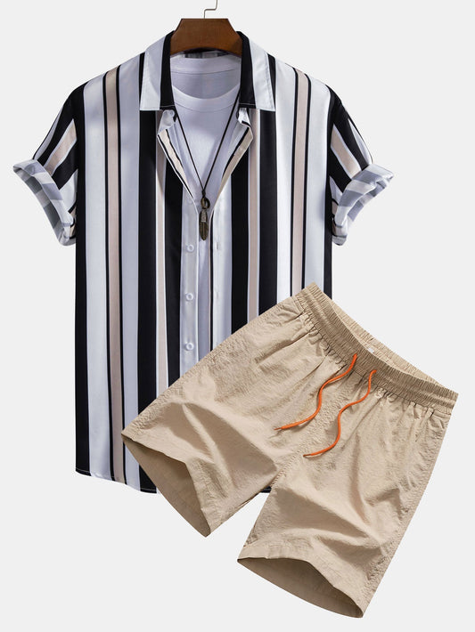 Stripe Print Button Up Shirt & Swim Short