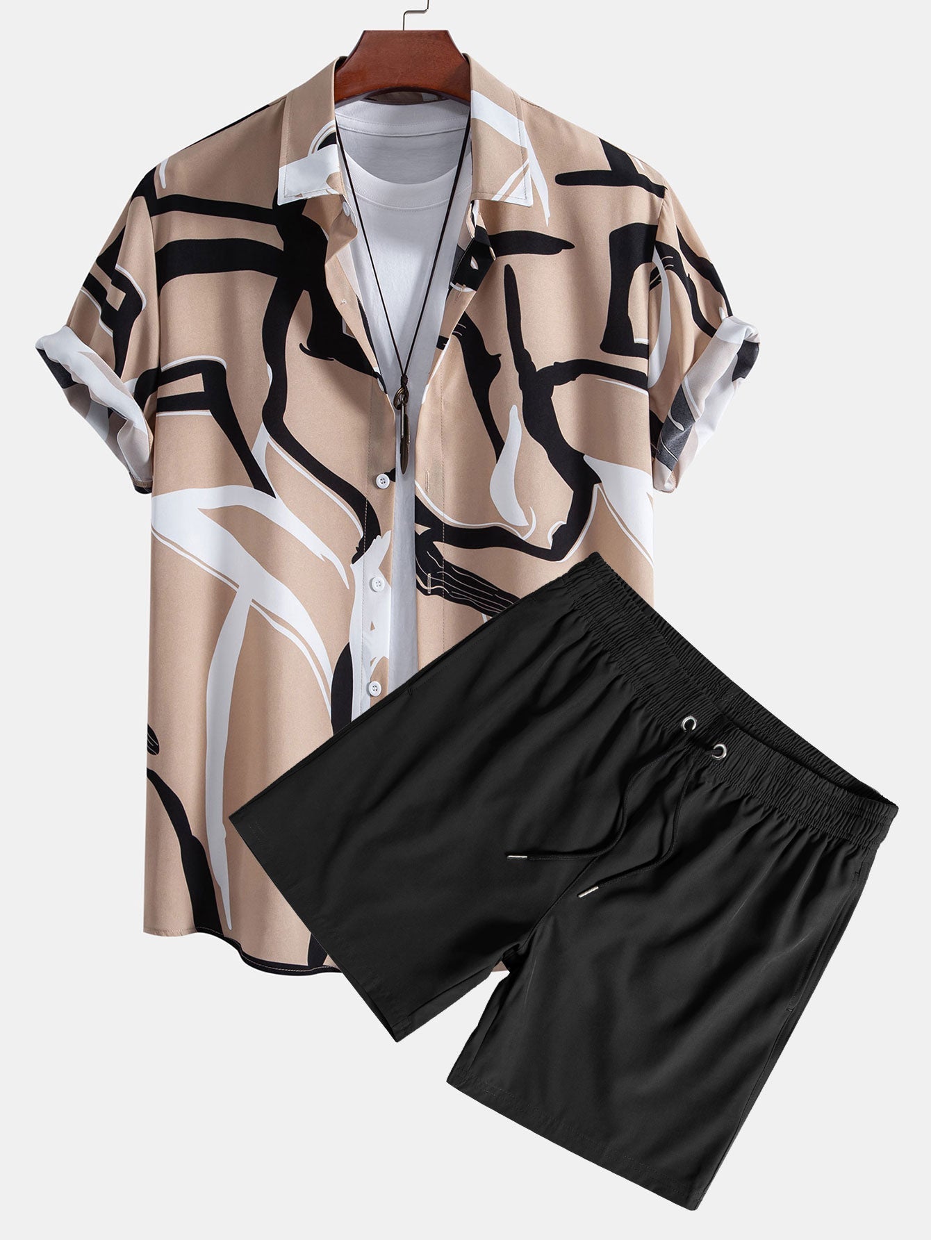 Abstract Print Button Up Shirt & Solid Drawstring Swim Shorts