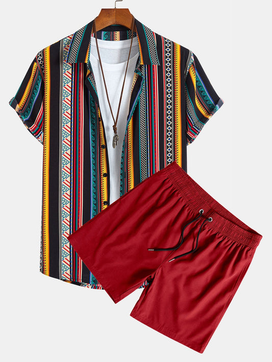 Ethnic Geometric Print Button Up Shirt & Swim Shorts