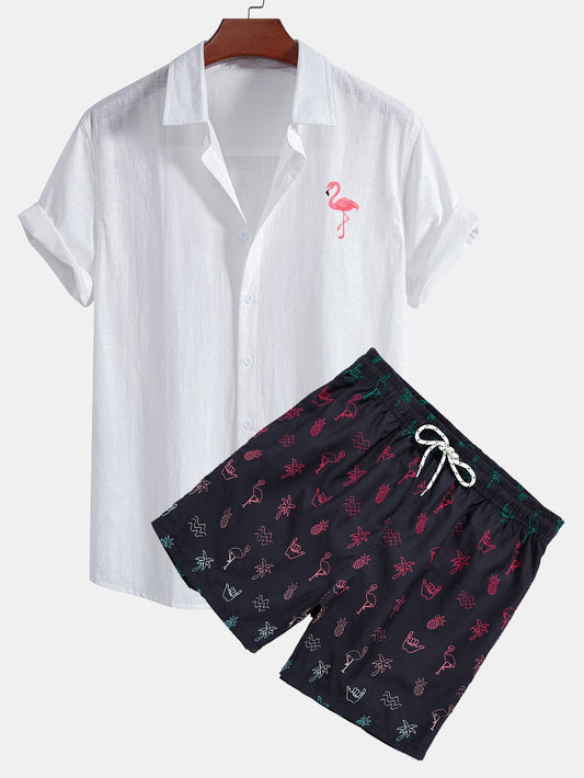 Flamingo Print Linen Look Cotton Button Up Shirt & Swim Shorts