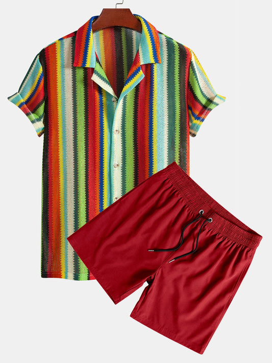 Colorful Striped Waffle Texture Cuban Shirt & Swim Shorts