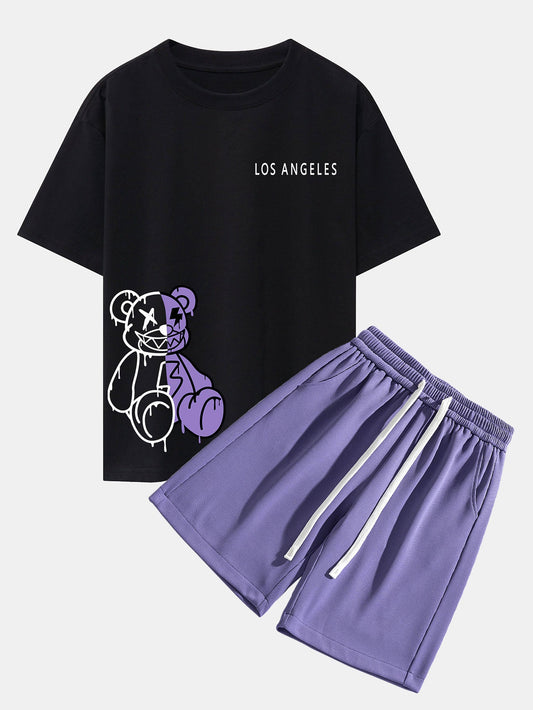 Los Angeles Dissolving Bear Print Oversize T-Shirt & Shorts