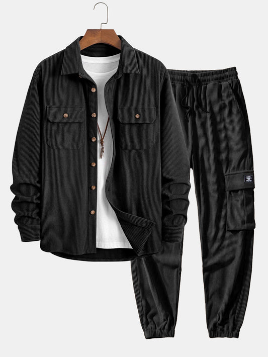 Double Pocket Corduroy Shirt & Drawstring Corduroy Cargo Jogger Pants