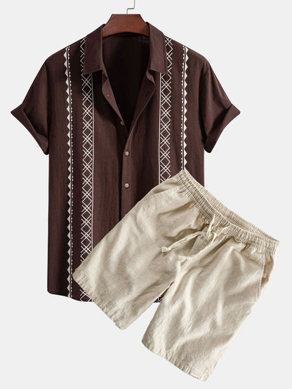 Geometric Print Linen Look Shirt & Linen Cotton Blend Drawstring Shorts