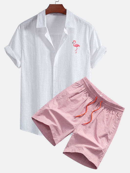 Flamingo Print Linen Look Cotton Button Up Shirt & Swim Shorts