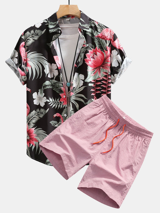 Flamingo Flower Print Button Up Shirt & Swim Shorts