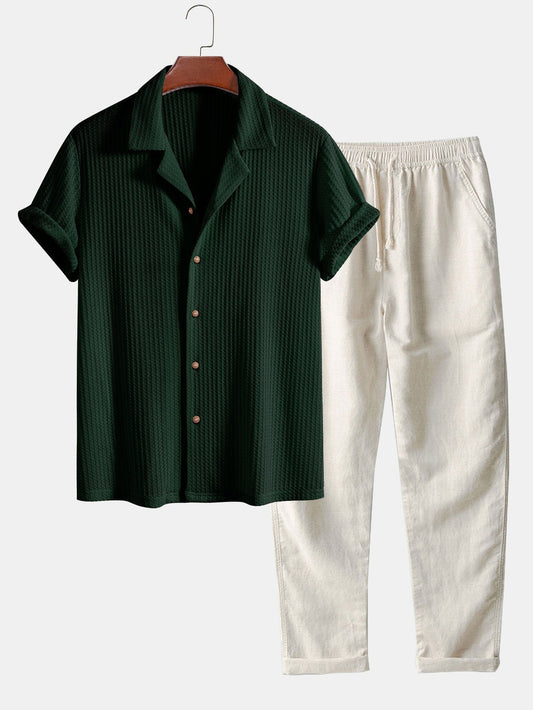 Short Sleeve Knitted Waffle Cuban Shirt & Straight Leg Linen Pants