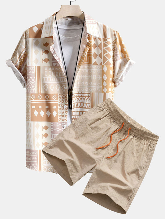 Tribal Geometric Patchwork Print Button Up Shirt & Swim Shorts