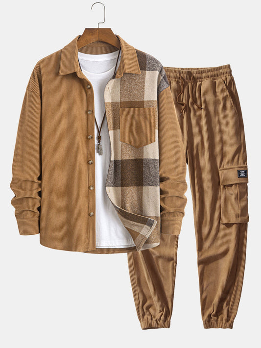 Relax Fit Corduroy Plaid Patchwork Shirt & Drawstring Corduroy Cargo Jogger Pants