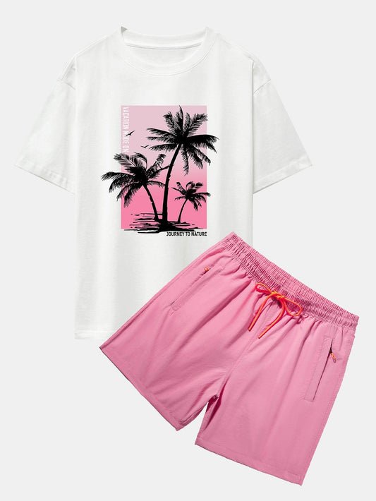 Palm Tree Pink Background Print Oversize T-Shirt & Swim Shorts