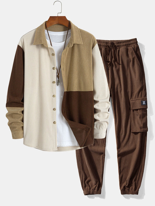 Colorblock Corduroy Button Up Shirt & Drawstring Corduroy Cargo Jogger Pants