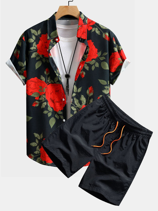 Red Rose Print Button Up Shirt & Swim Shorts