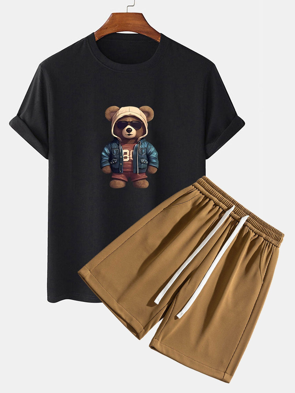 Bear In Leather Jacket Print T-Shirt & Textured Shorts