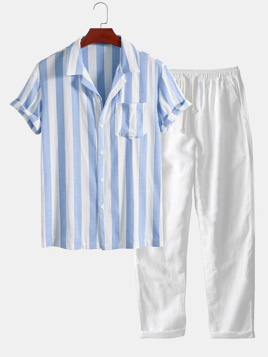 Striped Cuban Collar Shirt & Straight Leg Linen Pants