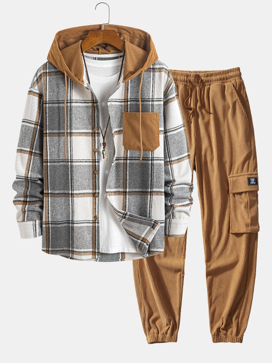 Relax Fit Contrast Corduroy Plaid Hooded Shirt & Drawstring Corduroy Cargo Jogger Pants