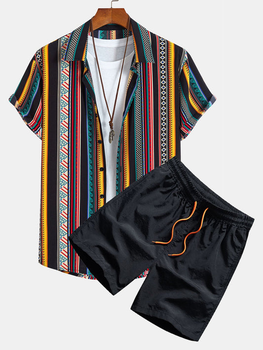 Ethnic Geometric Print Button Up Shirt & Swim Shorts