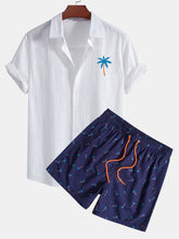 Blue Palm Tree Print Linen Look Cotton Button Up Shirt & Swim Shorts