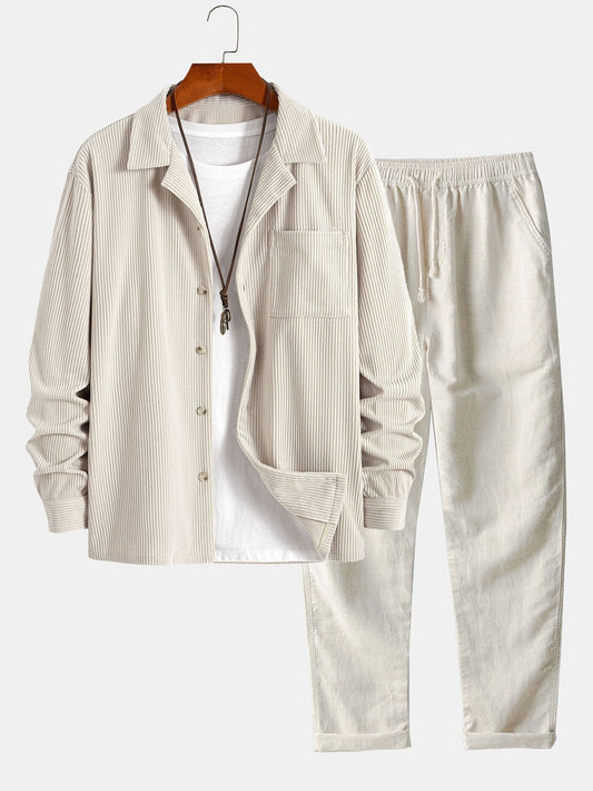 Long Sleeve Corduroy Cuban Collar Shirt & Straight Leg Linen Pants