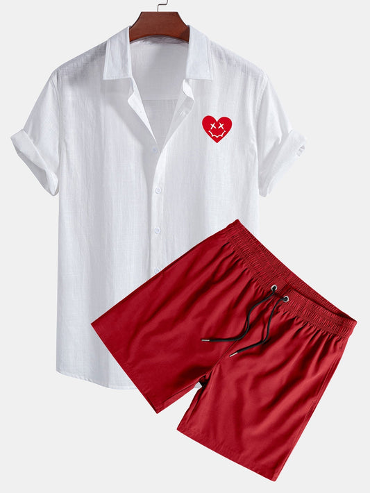 Heart Smiley Face Print Linen Look Cotton Button Up Shirt & Swim Shorts