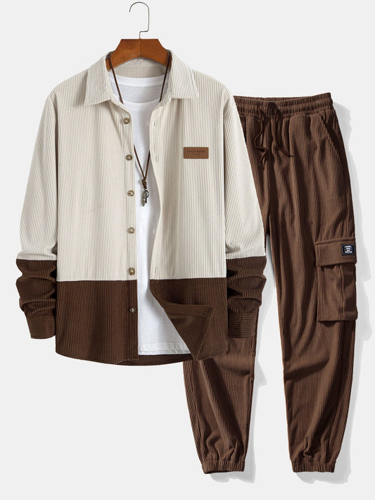 Two Tone Corduroy Shirt & Drawstring Corduroy Cargo Jogger Pants